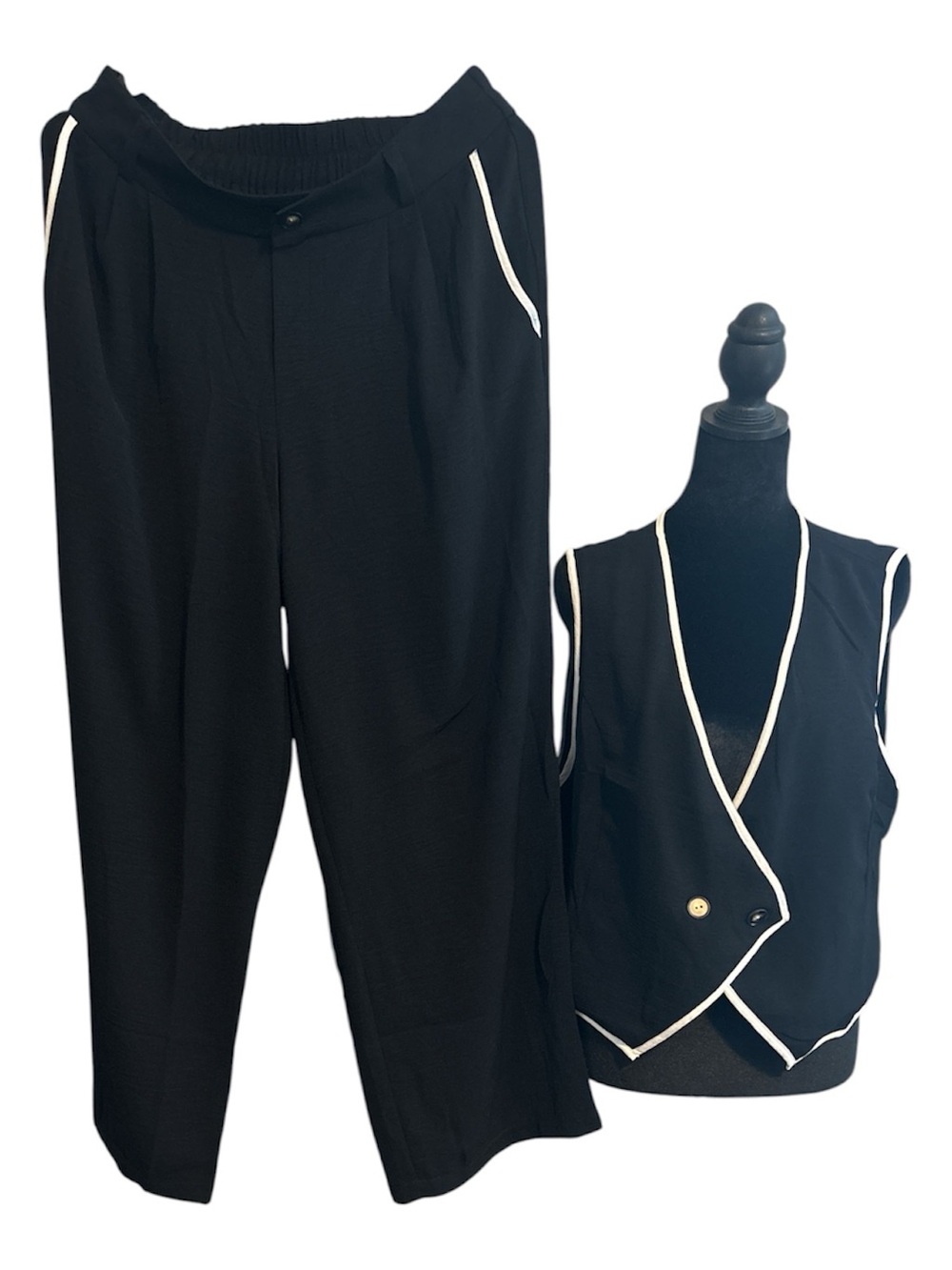 Faith and Joy Los Angeles Black White Contrast Vest & Wide Leg Pants Set XL